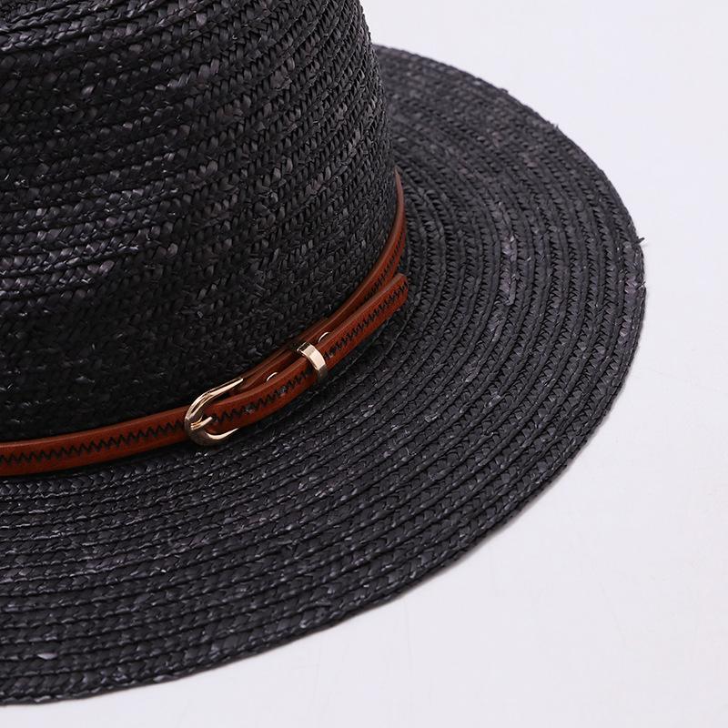 New British Fashion Leather Buckle Handwoven Straw Hat Big Eaves Sunshade Sunscreen Top Hat Seaside Holiday Temperament Hat