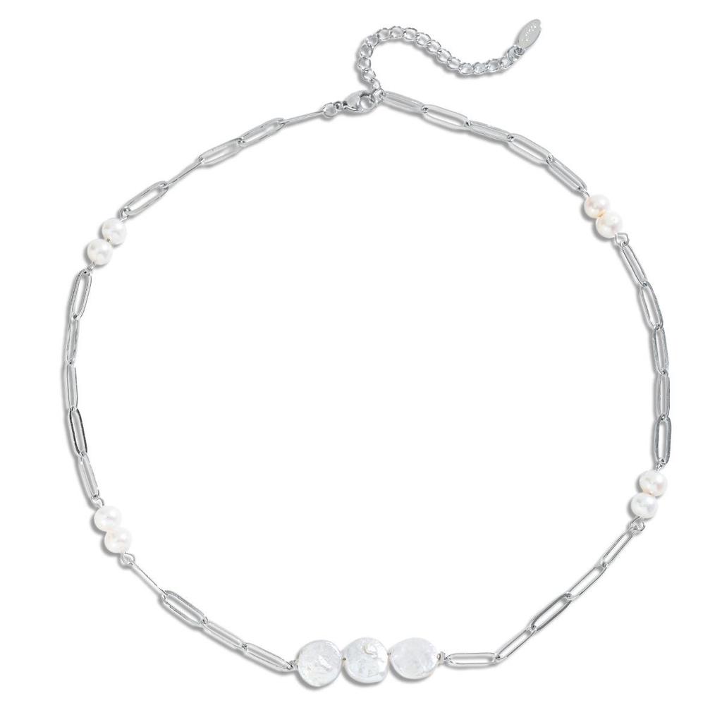 Trendy Stainless Steel Freshwater Pearl Necklace - Silver, Non-Fading, Versatile Jewelry