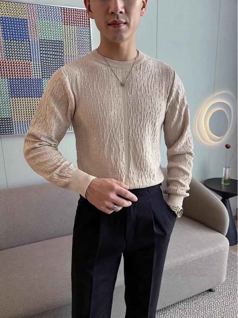 Męski dopasowany sweter żakardowy z okrągłym dekoltem - Koreański styl Kolekcja Jesień/Zima