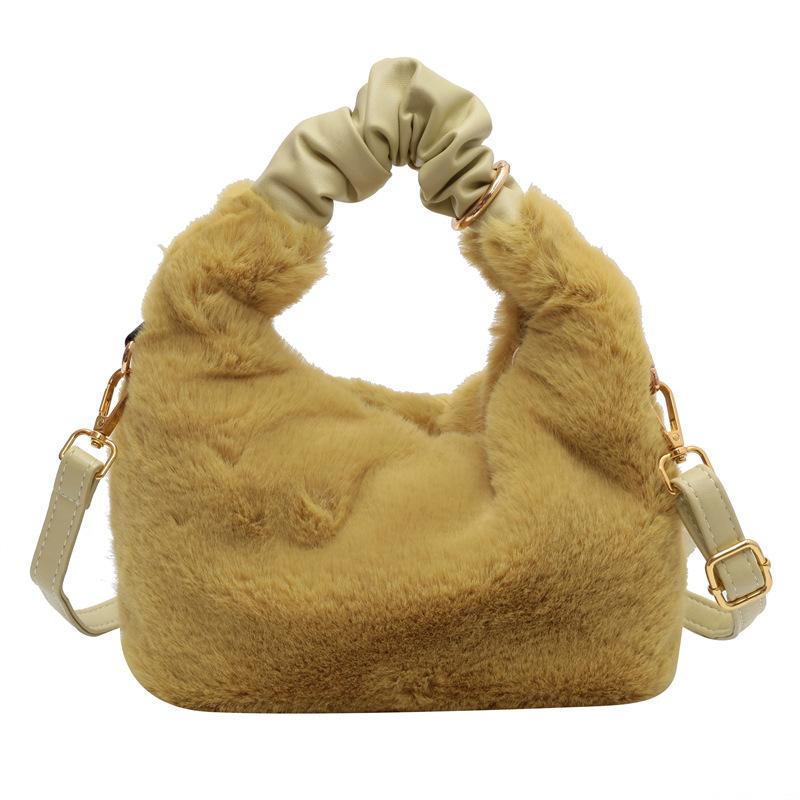 Autumn Winter Plush Pleated Handbag For Women Trendy Simple Furry Shoulder Bags Casual Cute Crossbody Bag Female