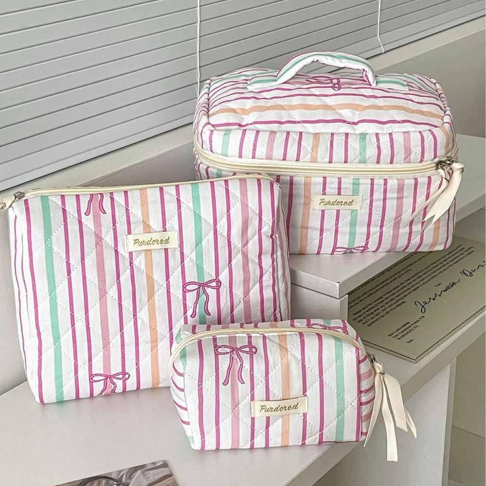 Personality Stripe Bowknot Women Cosmetic Bag Portable Simple Quilting Bag Pouch Travel Large Capacity Makeup Storage Handbag
