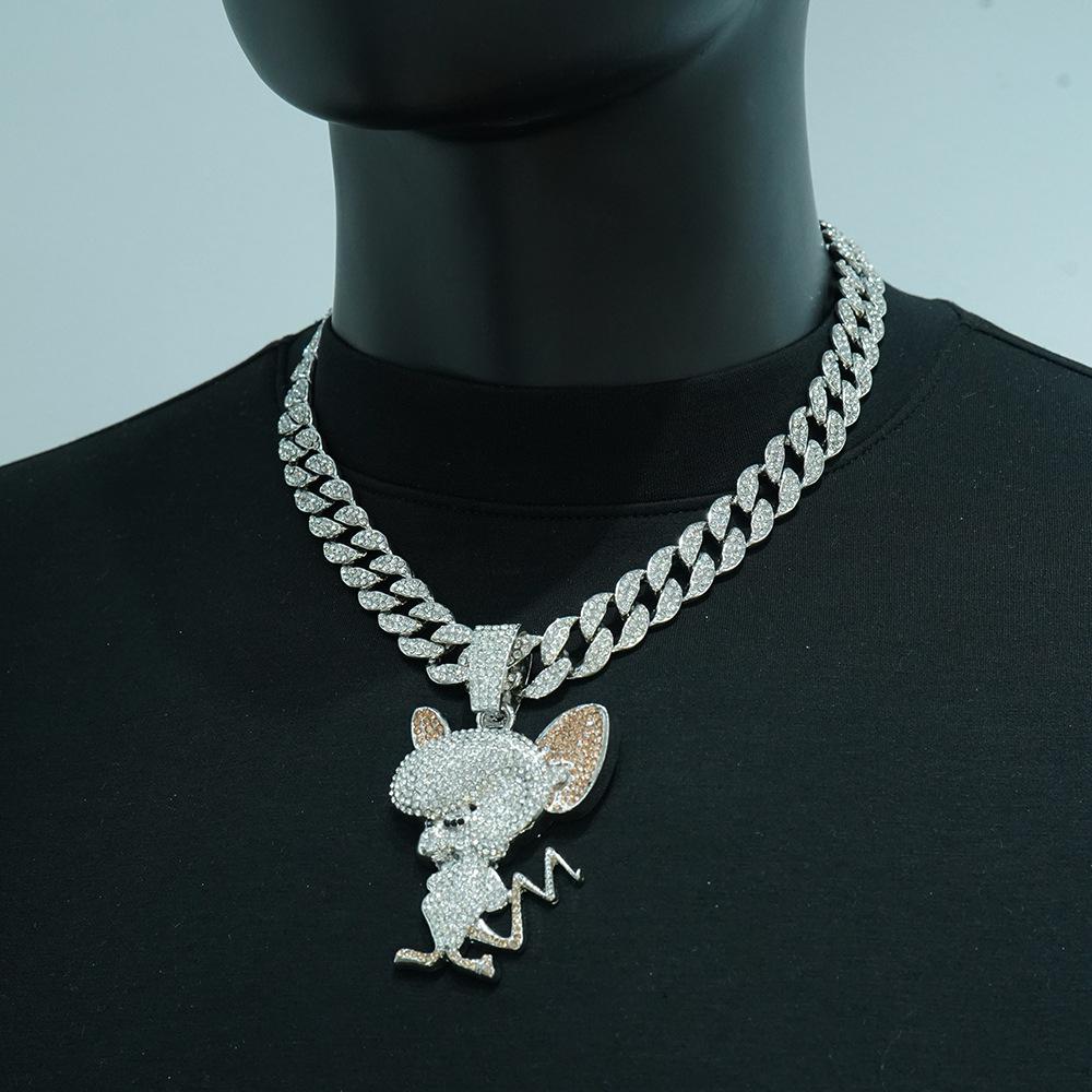 Cartoon Animal Mouse Full Diamond Three-dimensional Pendant Cuban Necklace, European and American Fashion Versatile Men's and Women's Accessories