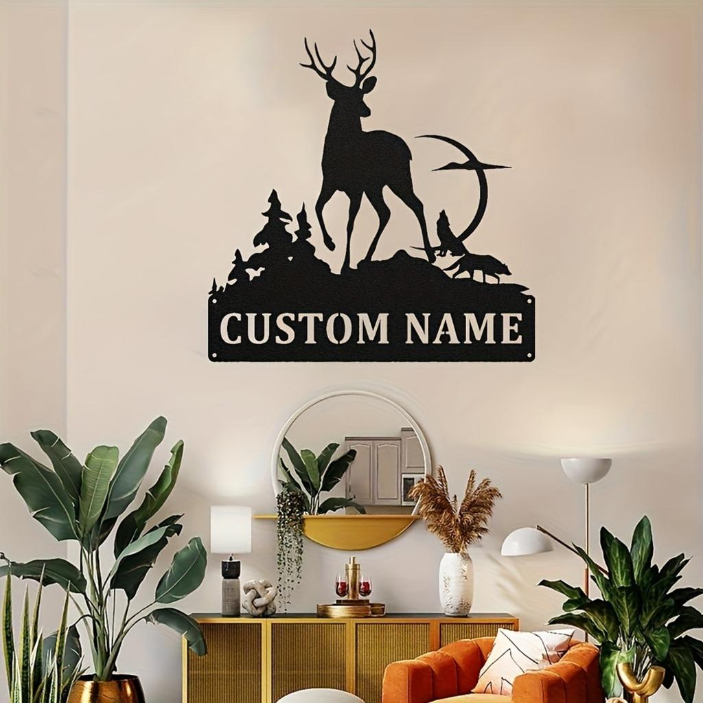 Customizable Deer Silhouette Metal Wall Art, Personalized Family Name Sign for Home Decor Indoor Outdoor