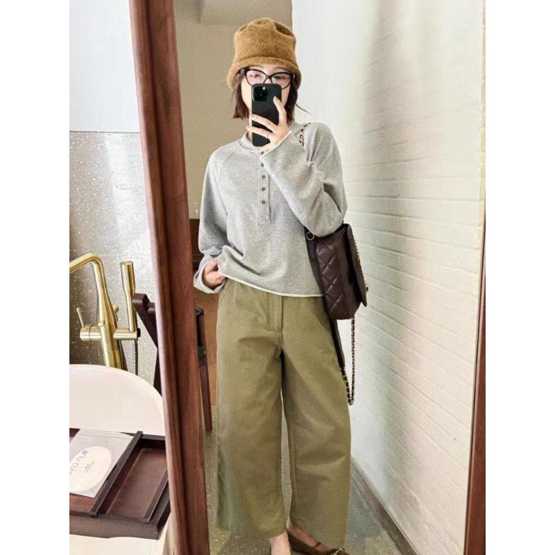 2025 Autumn Korean Lazy Style Grey Long Sleeve Half-Button Women's T-shirt