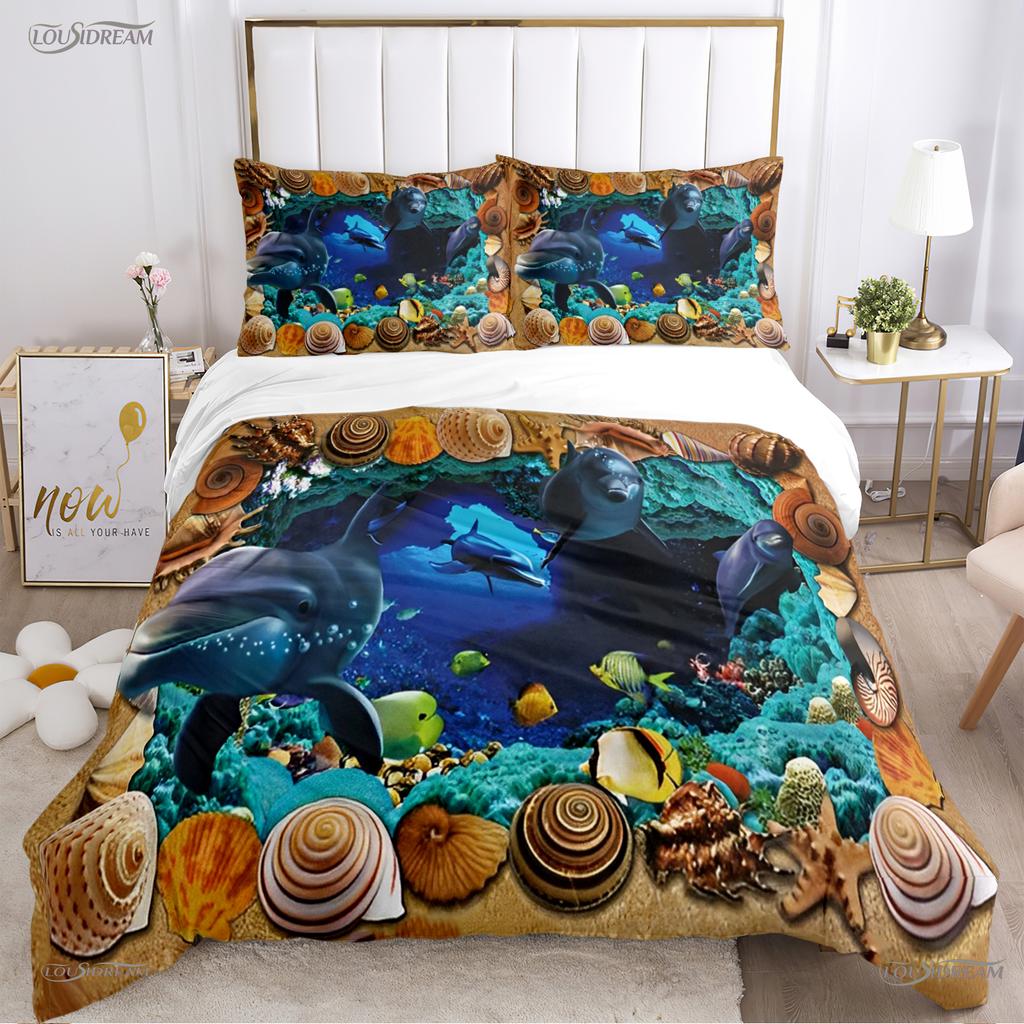 Comforter 3D Ocean World Dolphin Whale Fish Comforter Beding Set Soft And For Single/Double/Queen/King