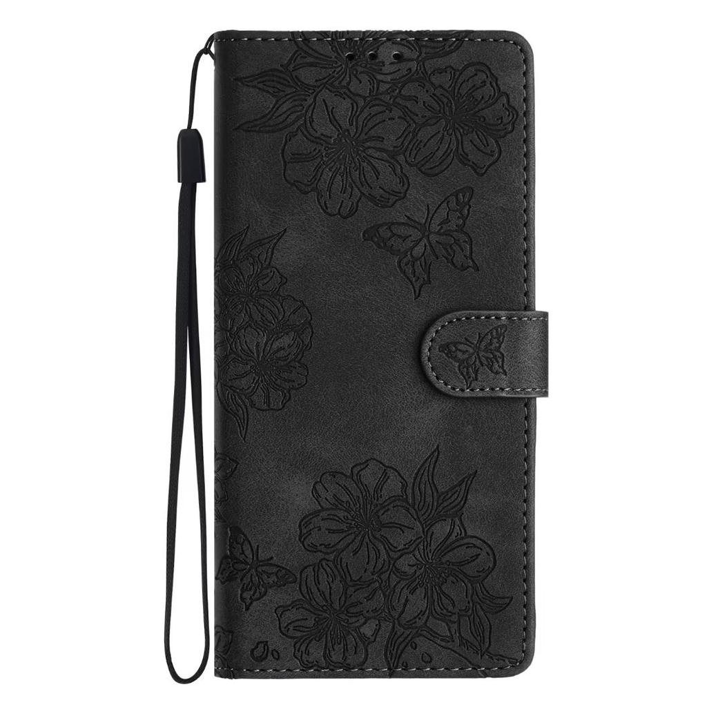 Applicable To Samsung S26 Mobile Phone Leather Case A27 Butterfly Cherry Blossom Embossed Card Wallet Protective Case A05S Matte Solid Color