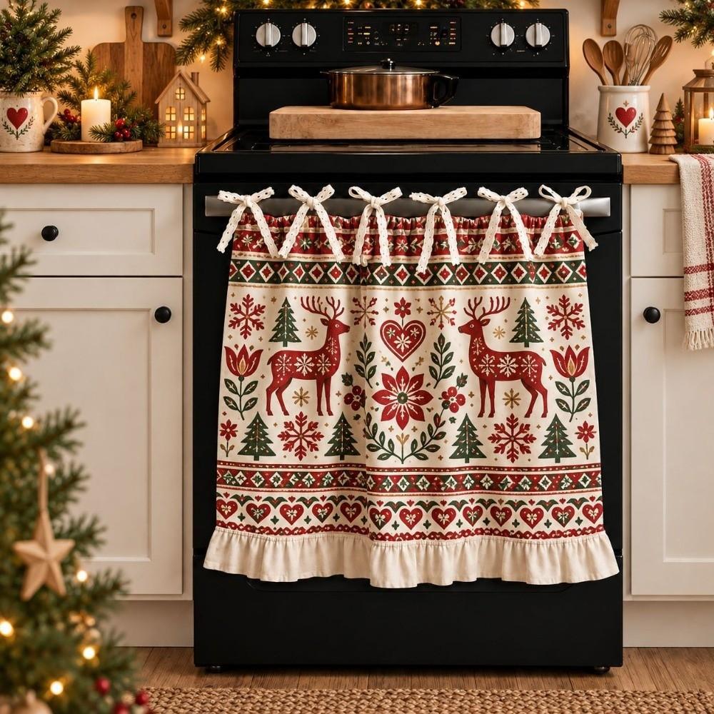 Farmhouse Christmas Cabinet Curtain Pastoral Style Kitchen Stove Cover Skirt Kitchen