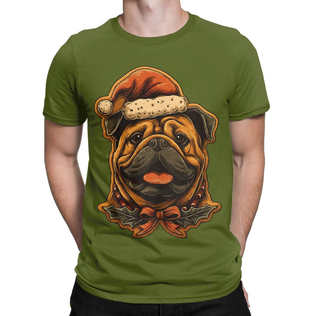 Streetwear T Shirt Summer Christmas British Bulldog with Santa Hat T-Shirts  Cotton Tshirt for Male Short Sleeve Top Tees
