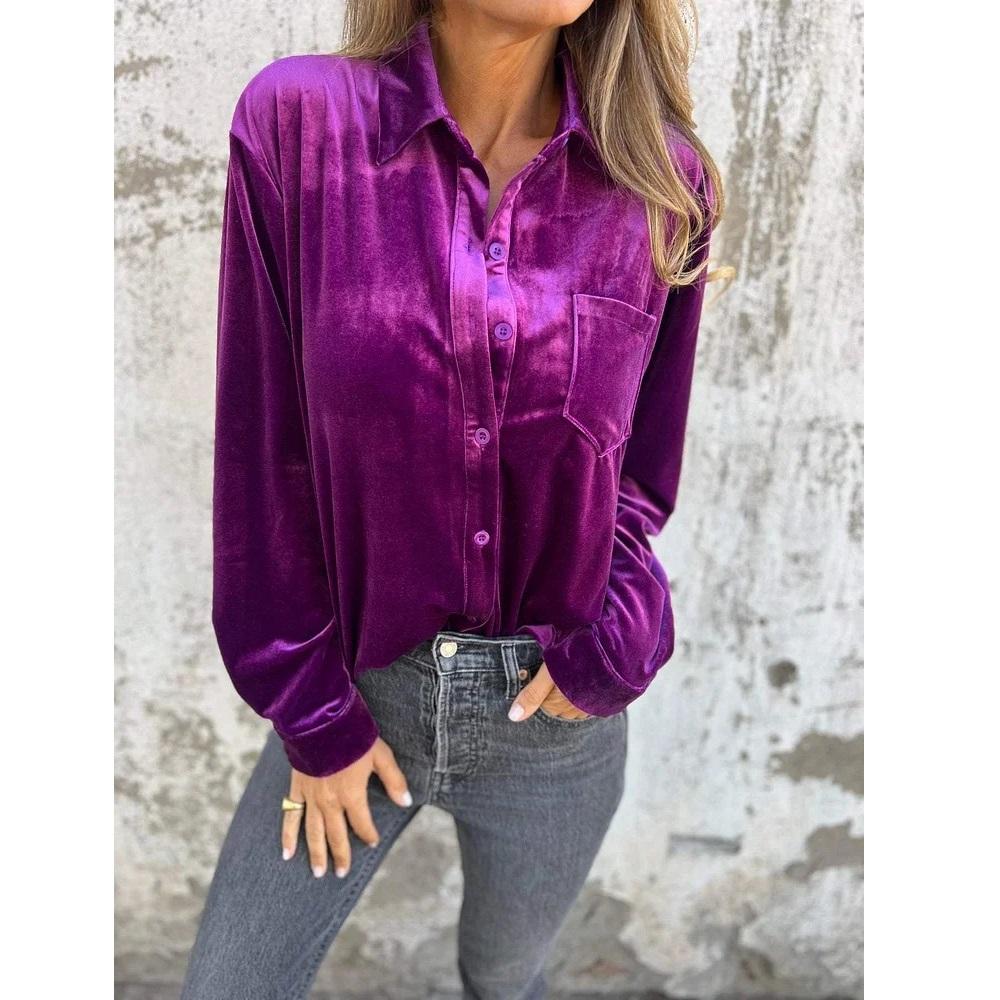 Autumn Spring Velvet Shirts & Blouses Women Solid Long Sleeve Single Breasted Tops With Pocket Ladies Vintage Shirts