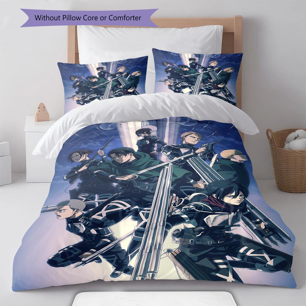 Pościel z motywem Attack on Titan, Zestaw kołdry Poszewka na kołdrę Poszewka na poduszkę Domowy prezent urodzinowy (1 * poszwa na kołdrę + 2 * poszewki na poduszki, bez rdzenia)