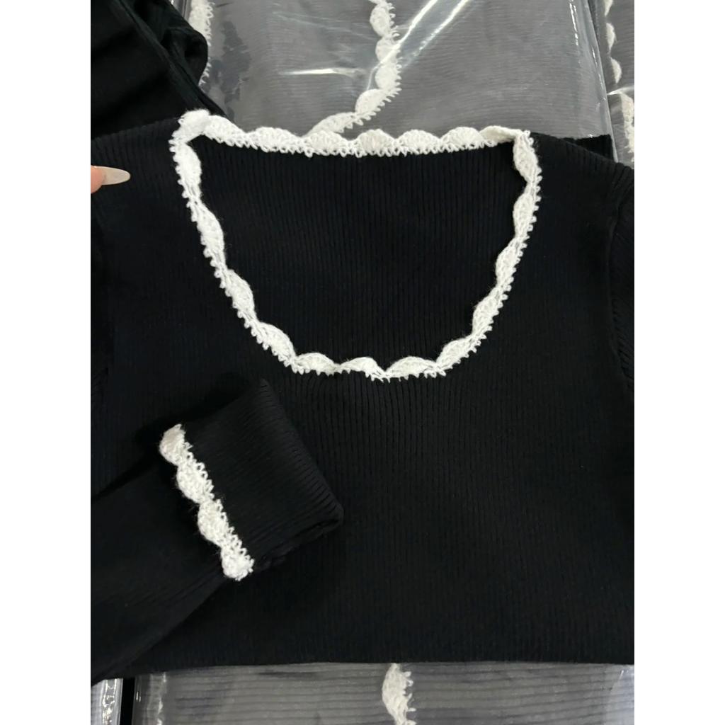 Lace Contrast Low Neck Slim Bottom Top Women's Autumn and Winter Sweet Spice Girl with Skinny Knitted Sweater Sweater