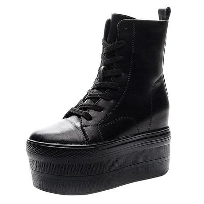 Moda Outono Couro Genuíno 10CM Plataforma Solado Super Grosso Salto Cunha Salto Escondido Botas Sapatos Zíper Botas de Inverno Botins de Tornozelo Quentes