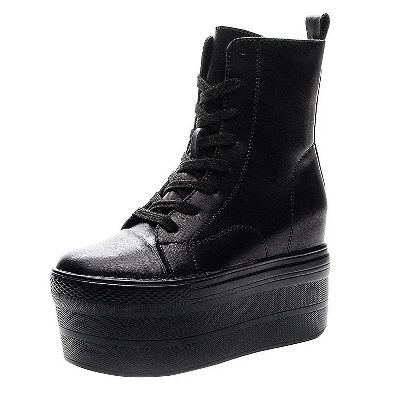 Autumn Genuine Leather 10CM  Super Thick Sole Platform Wedge Hidden Heel Boots Shoes Zipper Winter Boots Ankle Warm Booties