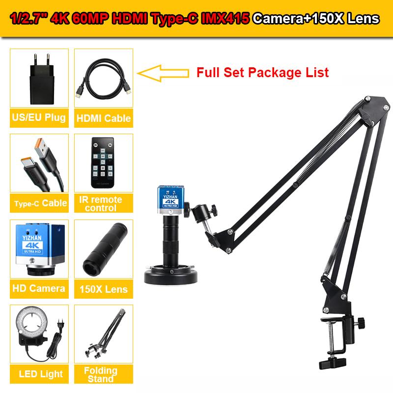 YIZHAN 150X Zoom Lens Electron Video Microscope 4K 49MP UHD Microscope Camera HDMI Type-C 1080P 60FPS Industrial Welding Tools