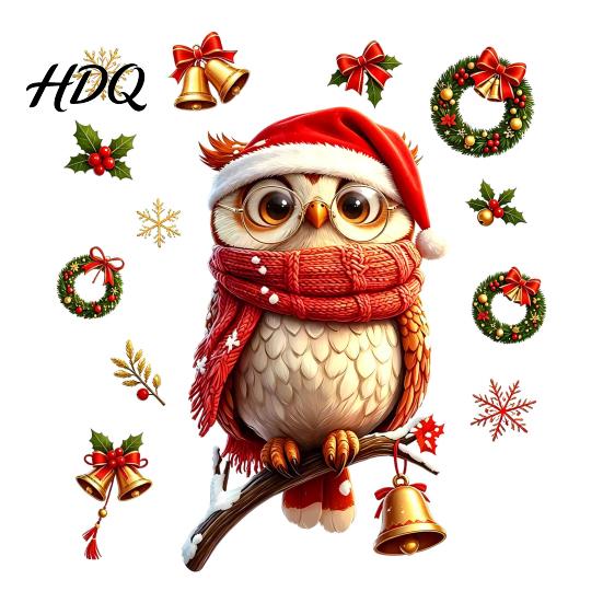 Removable Winter Wall Decals Christmas Cute Owl Static Window Clings Santa Hat Scarf Wreath Bell Snowflake Holiday Glass for Windows Decals,