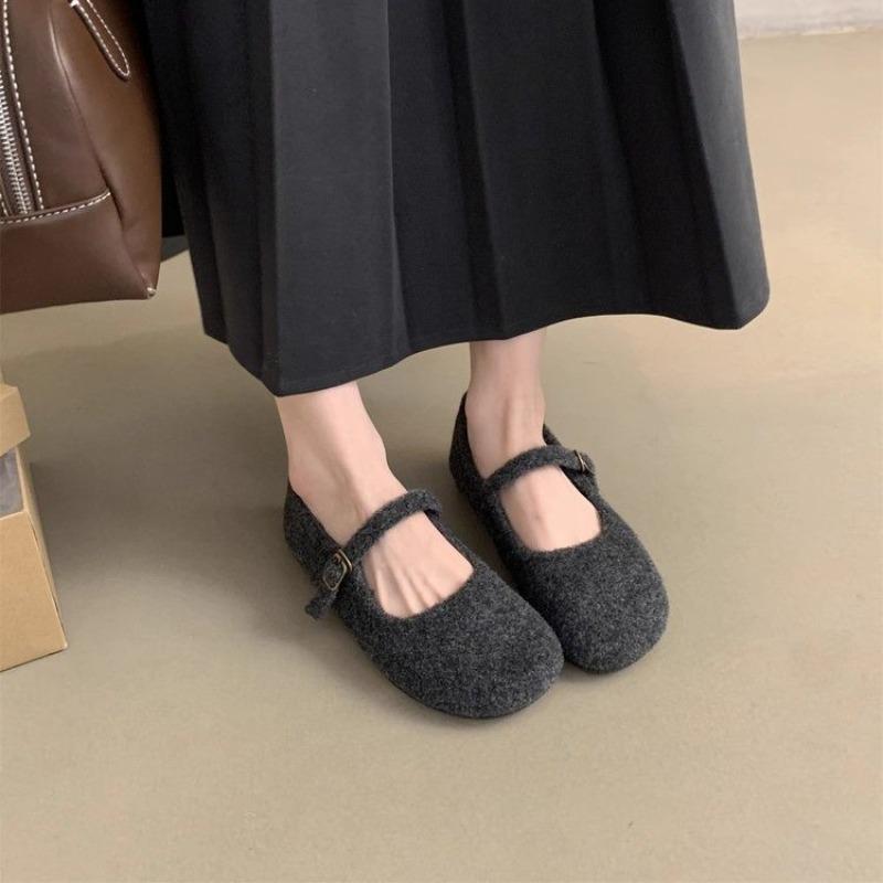New Square Toe Fleece Ballet Flats Woman Winter Warm Wool Mary Jane Shoes Ladies Brand Design Elegant Plush Loafers