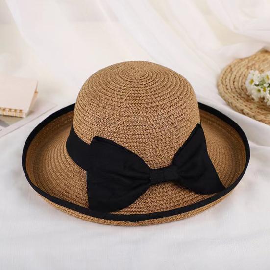 Bucket Hat Wide Wavy Lace Brim Sun Protection Hat with Ribbon Bow Decoration Summer Travel Beach Vacation Hat