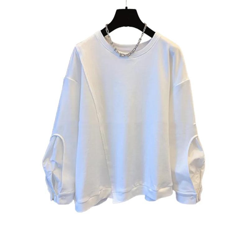 Women Spring and Autumn Design Thin Splicing Sweatshirt Vintage Solid Color Round Neck Top