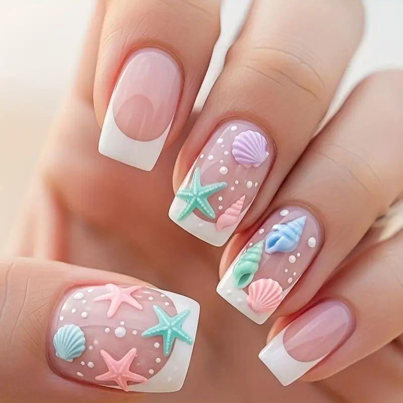 24 Pezzi Unghie Finte French Press Semplici Punte Unghie Design Striscia Amore Unghie Finte Quadrato Corte Donna Acrilico Copertura Completa Nail Art Unghia Finta