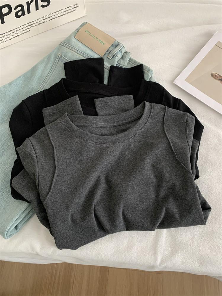 Women's Korean Style Long-Sleeve Ruched Waist Top - Round Neck, Autumn Base Layer Shirt