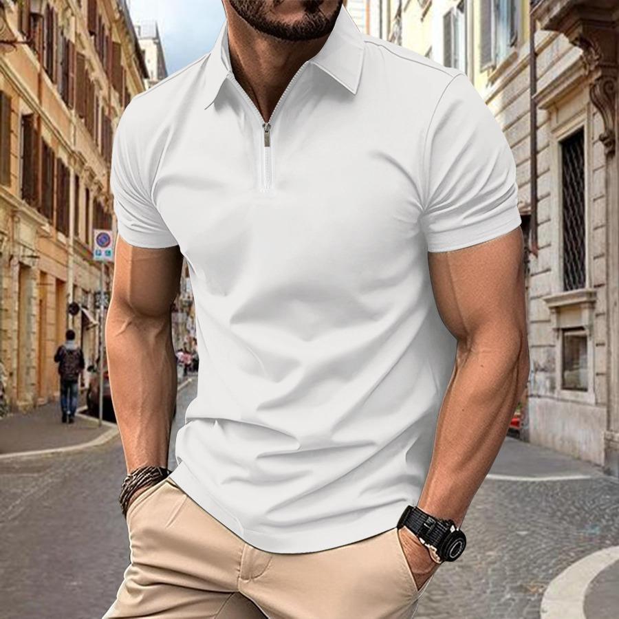 Men's Summer Polo Shirt Casual Zip Short Sleeve Polos Shirts Fashion Solid Color Loop Zipper Lapel Top