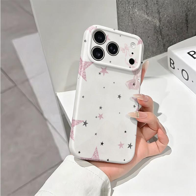 Glittering Pink Bow Starry Pattern Graphic Art Film Aesthetic Protective Shockproof Bumper Phone Case Cover For iPhone 14 15 16 Pro Max Plus