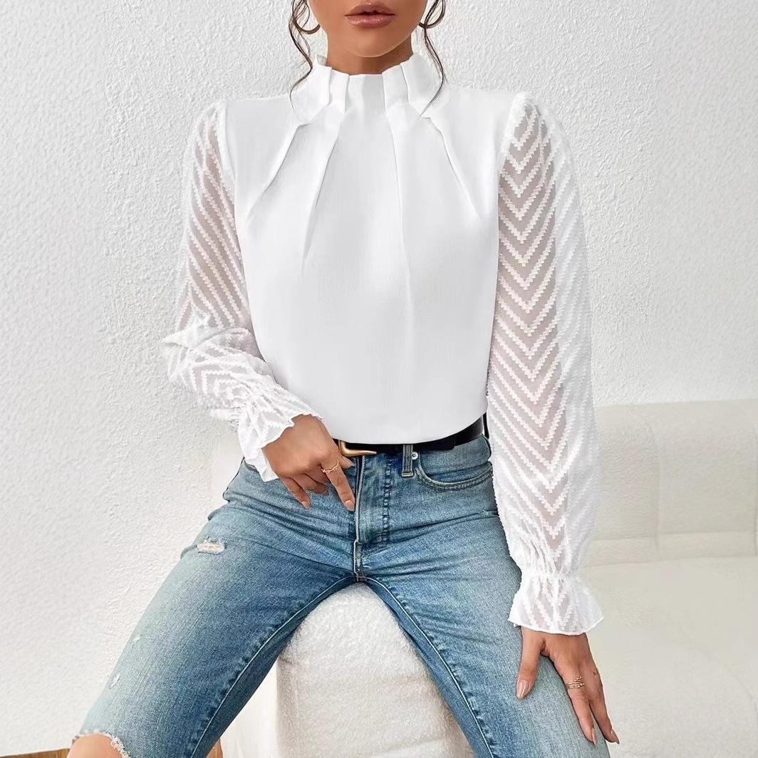 

Autumn and Winter Pure Color Half High Collar Symmetrical Folding Stitching Wave Pattern Lotus Leaf Long Sleeve Top XS білий