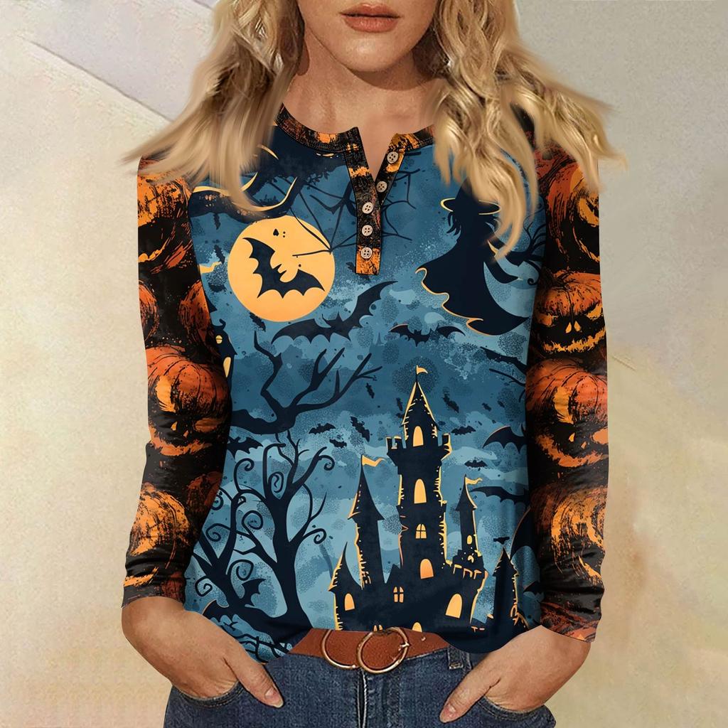 Women's T Shirt Print Long Sleeve Daily Fashion Basic Round Neck Button Raglan Sleeve Top