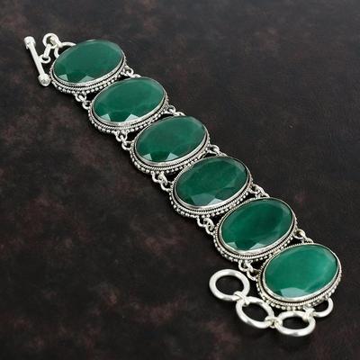 Fasetowana bransoletka z Zambijskiego Szmaragdu Biżuteria z Kamieni Szlachetnych Bransoletka Vintage Srebro Próby 925 Ręcznie Robiona Biżuteria Bransoletka z Regulowanym Łańcuszkiem