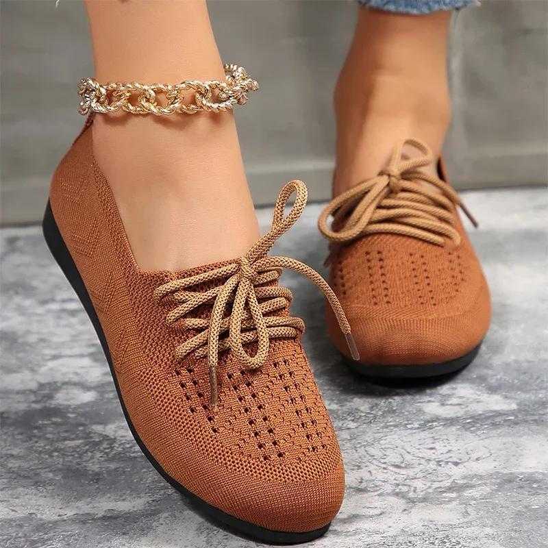 Knitting Mesh Flats Shoes Women Spring Weave Breathable Shoes Fashion Lace Up Shoes Comfort Soft Sole Women's Flat