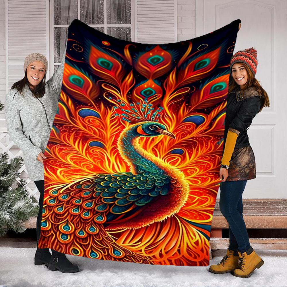 1pc Peacock Feather Print Print Outdoor Blanket, Lightweight Polyester,