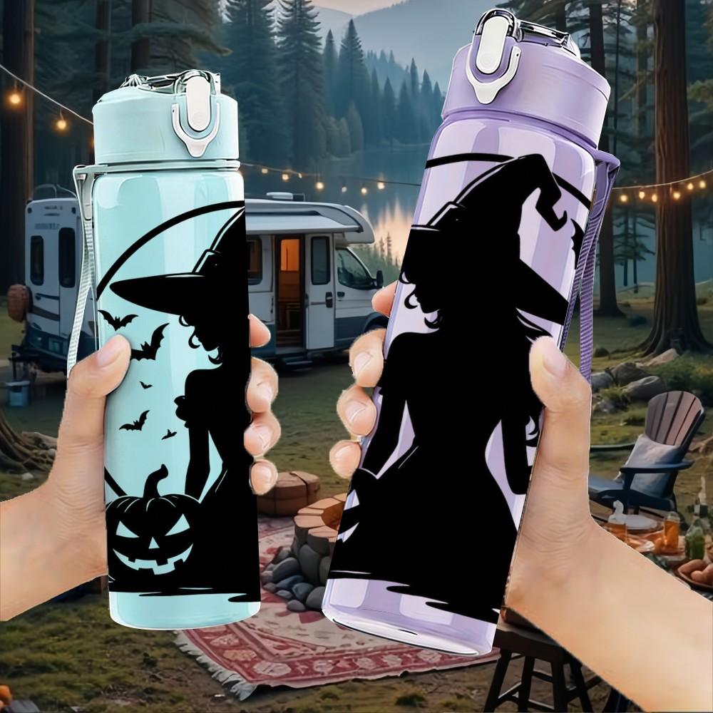 1PC Witch Silhouette Moon Halloween Print 750ml Color Plastic Sports Water Bottle Leakproof Flip Straw Lid Suitable for Sports Office Home Use
