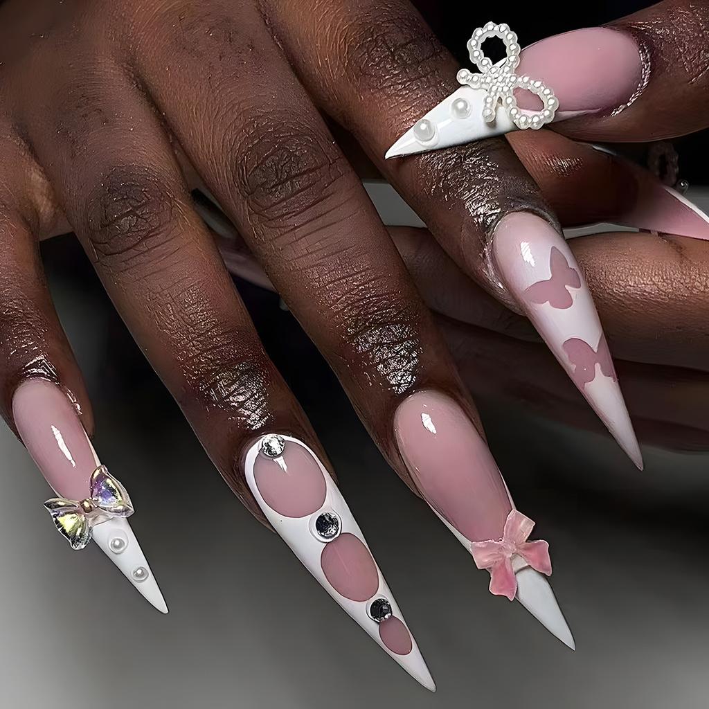 24Pcs Wine Red French Stiletto Press On Nails With 3D Bow Cherry Pearl Decor Detachable Fake Nail Tips