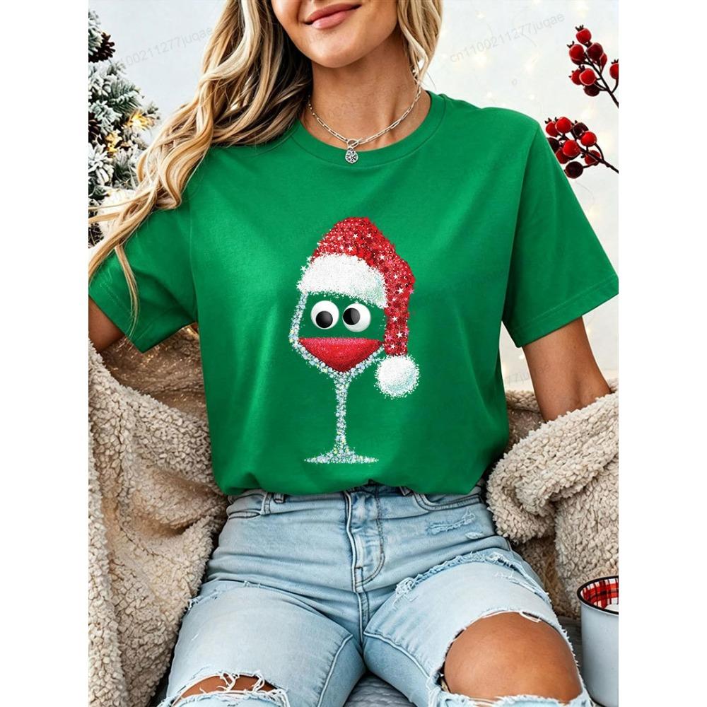 Drinking Christmas T‑Shirt Women Funny Wine Glass Santa Graphic Tee Tops