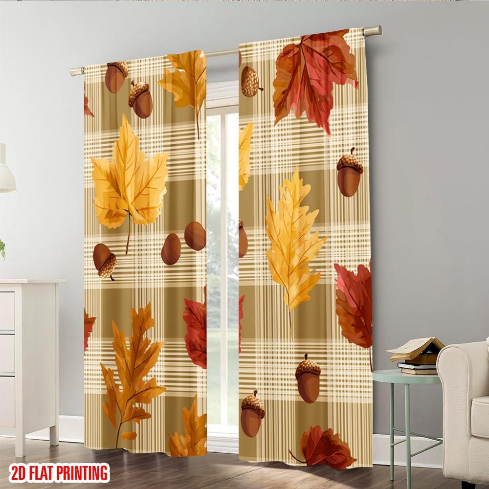 2pcs,2D plane printing Curtain Popular Autumn Leaves Plaid Pattern 100% Polyester (without rod) Art Deco Festive Perfect for