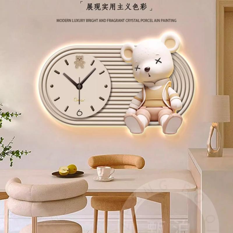 Cream Style Living Room Decoration Wall Clock Cartoon Design Clock Mural LED Mute Entrance Hall Hanging Painting Wall Clock