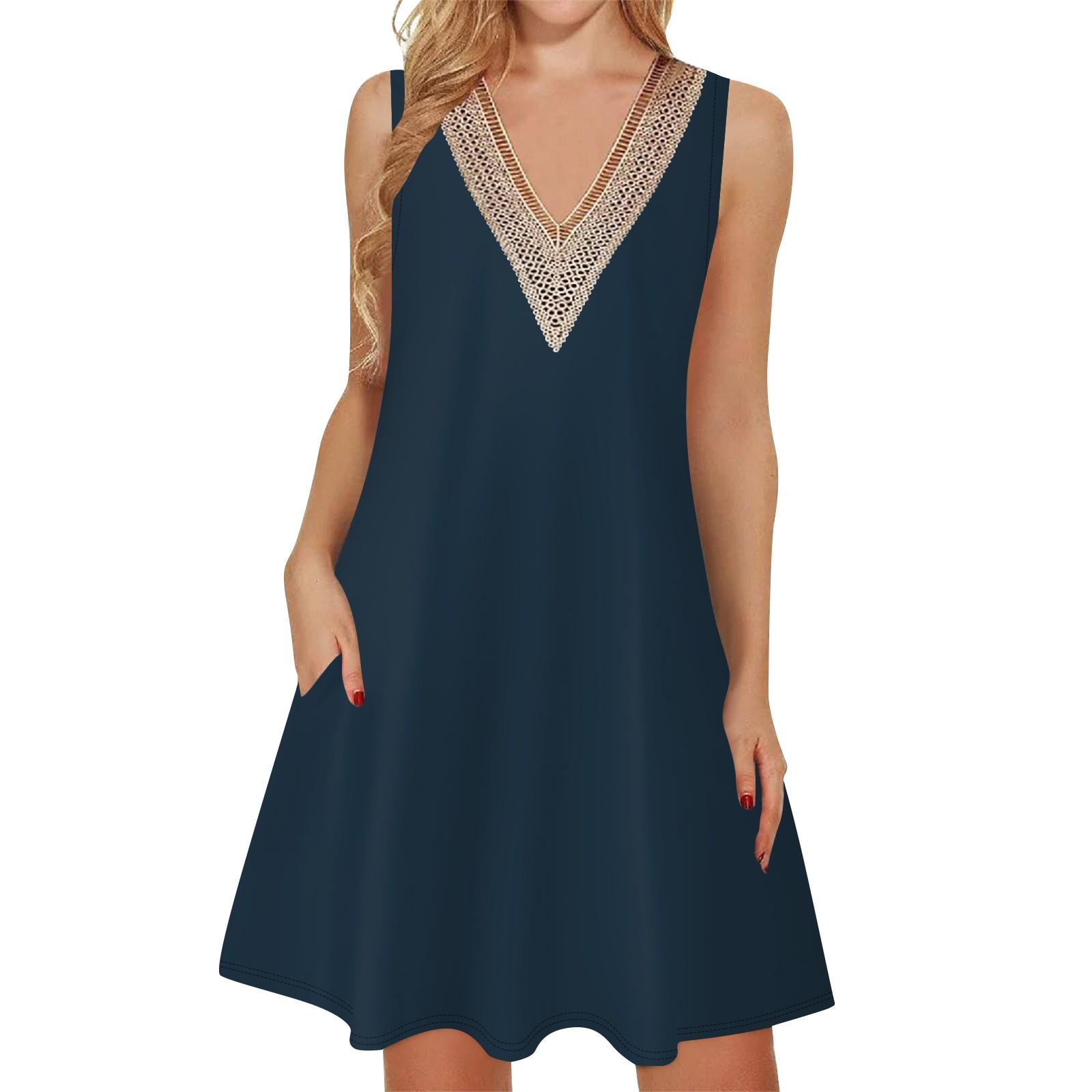 

Женские летние повседневные платья без рукавов, накидки с v-образным вырезом, кружевное платье-майка, свободный струящийся пляжный сарафан в стиле бохо с карманами XL тёмно-синий
