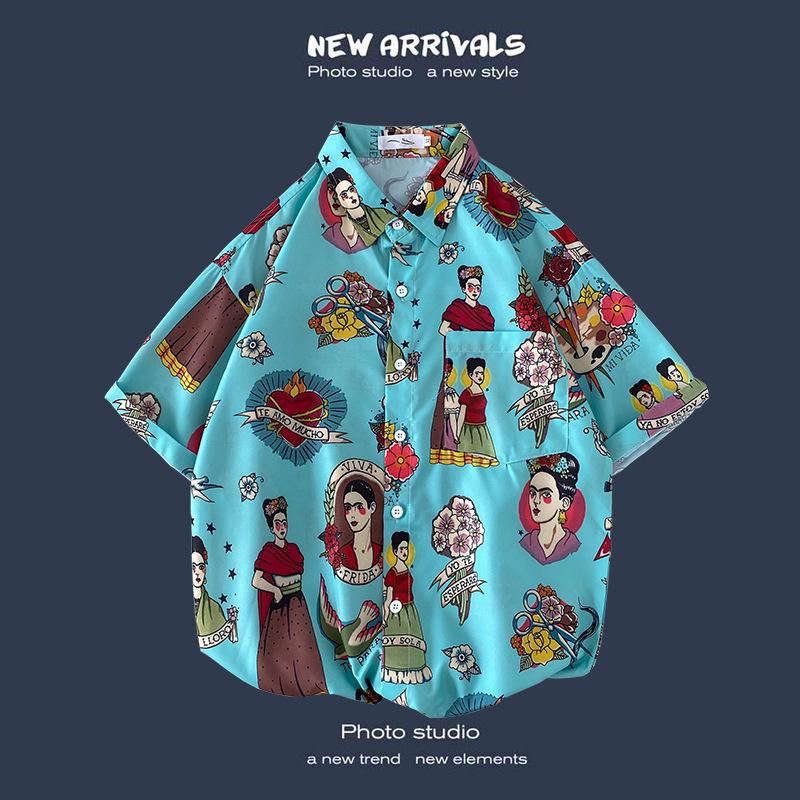 Letnia Koreańska Retro Kwiatowa Para Luźna Koszula z Krótkim Rękawem - Męski Modny Styl