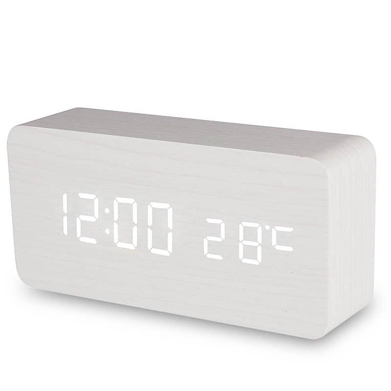 Voice Control Wooden Digital Alarm Clock TEMP Date Table Clock 3 Alarm 2 Display Modes 12/24H Power Outage Memory LED Clock
