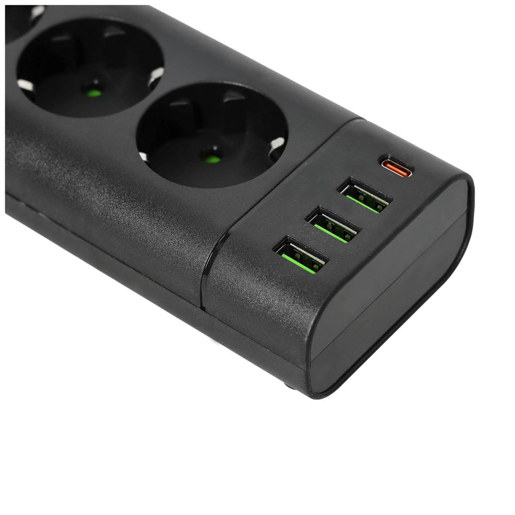 Extension Cord 3 SCHUKO Sockets + 3x USB-A + USB-C, 3 , Black, with Grounding and Switch