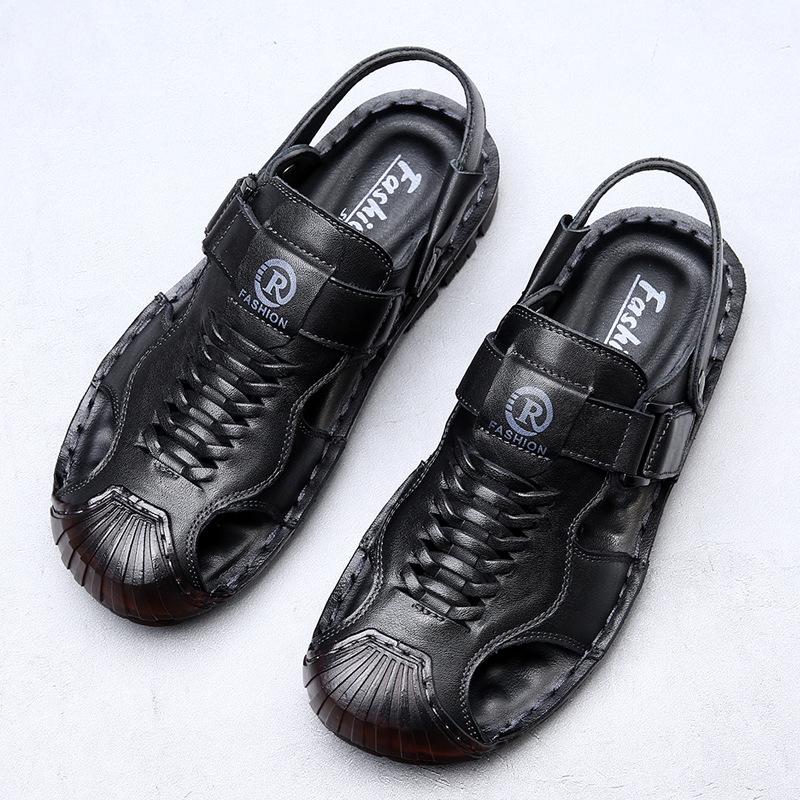 2025 Sommerschuhe Herren Echtes Leder Sandalen Flach Rutschfest Rindsleder Männerschuhe Modemarke Schwarz Gelb Schuhe