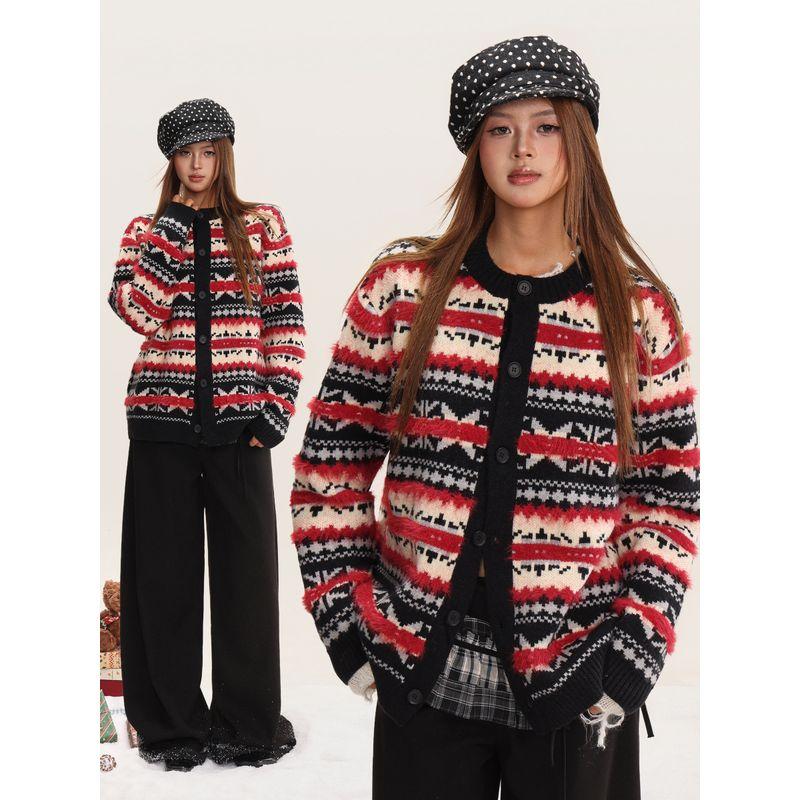 Shiyiyue Fair Isle New Year Cardigan Women's Autumn and Winter Lazy Style Loose Coat Round Neck Casual Knitted Sweater