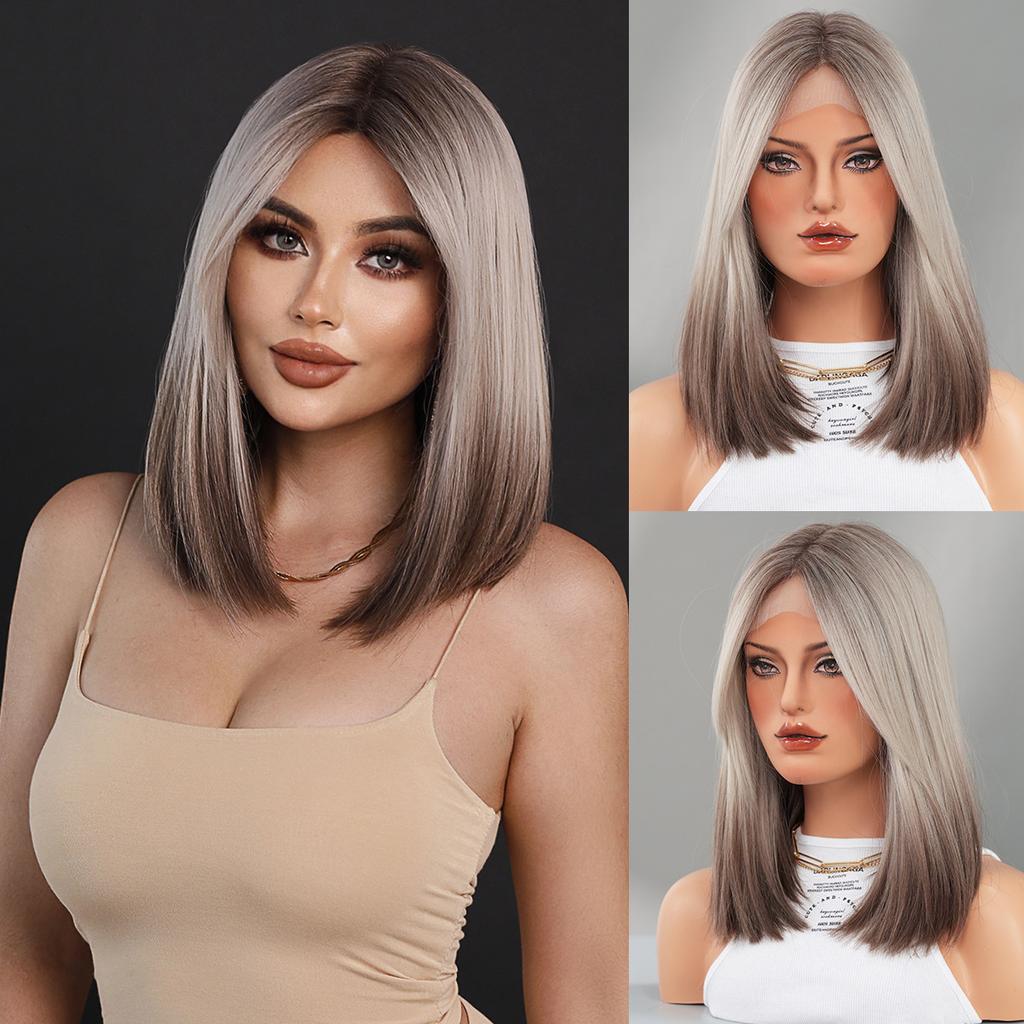 Little T Front Lace BoBo Head Short Straight Hair Light Gold Hanging Ear Rice Wigs Women's Wig