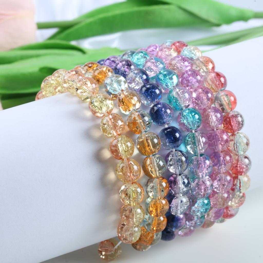 10mm Y2K Style Cracked Bead Bracelet, Multi Color Glass Round Bead Women's Fashion Jewelry Suitable For Daily Wear