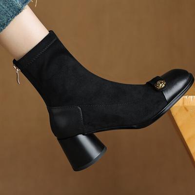 French Retro Splicing Elastic Thin Boots Women's Autumn and Winter New Camellia Round Head Thick Heel Short Boots High Heel Martin Boots