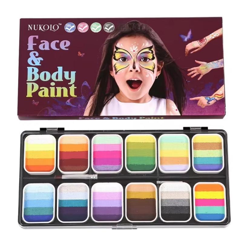 12 Farben Wasserbasierte Körperfarbe Strich Regenbogen Split Cakes Gesichtsmalerei Set mit 18 Pinseln Finger Schwamm und Schablone