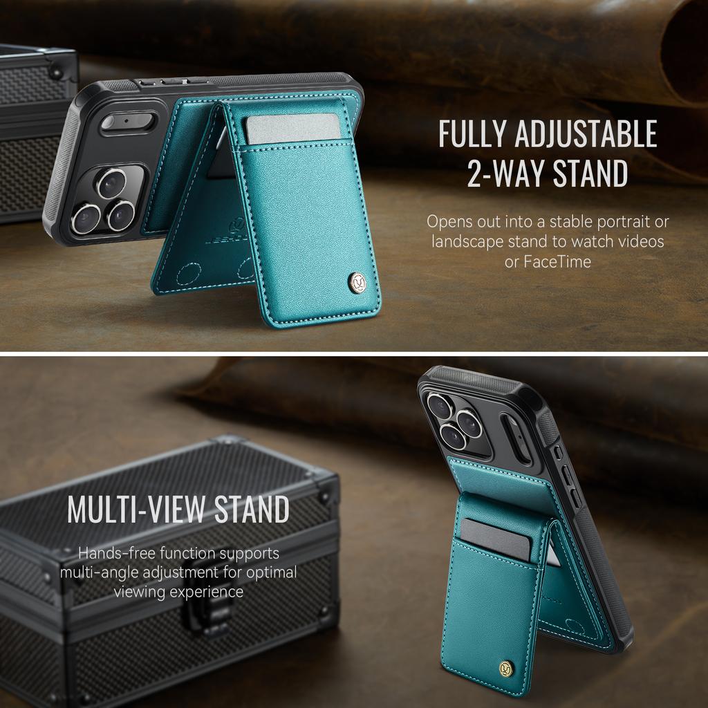 For iPhone 17 Pro Max Leather Back Cover JEEHOOD J06 Magnetic Phone Case with Card Bag RFID Blocking