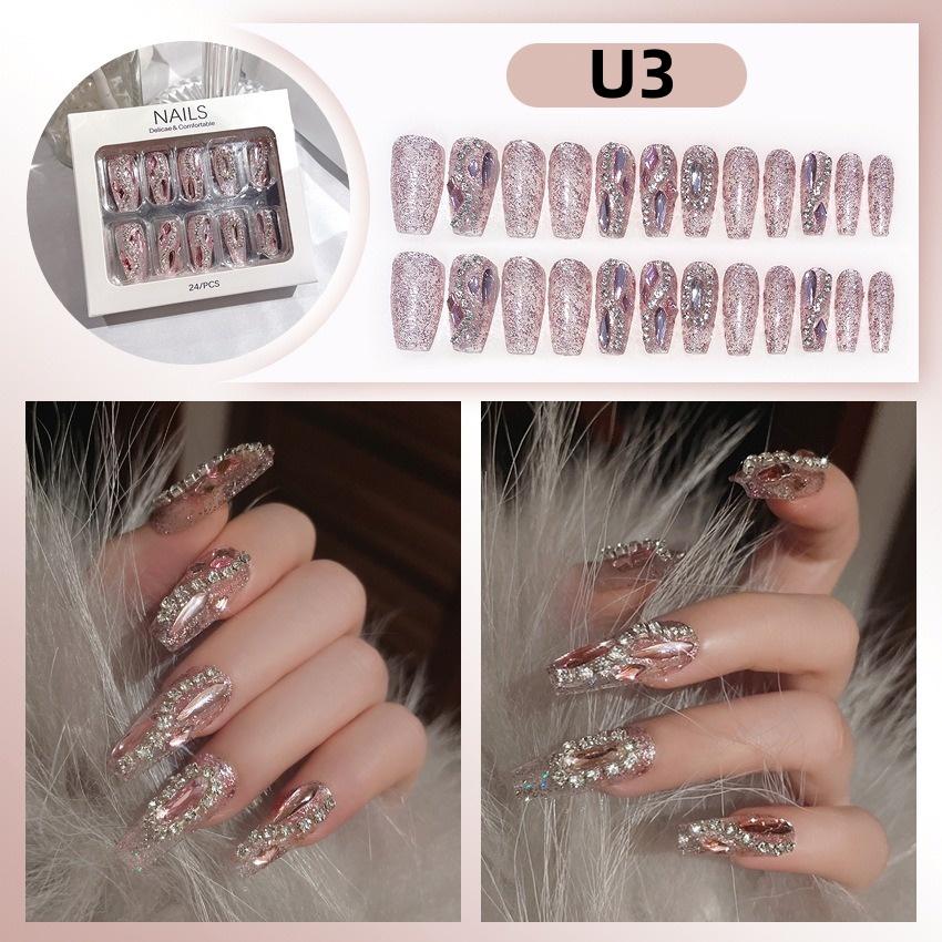 White Blue Color 3D Rabbit Star Rhinestone Designs-Full Cover Acrylic False Nails for Women and Girls Detachable Long Fake Nails