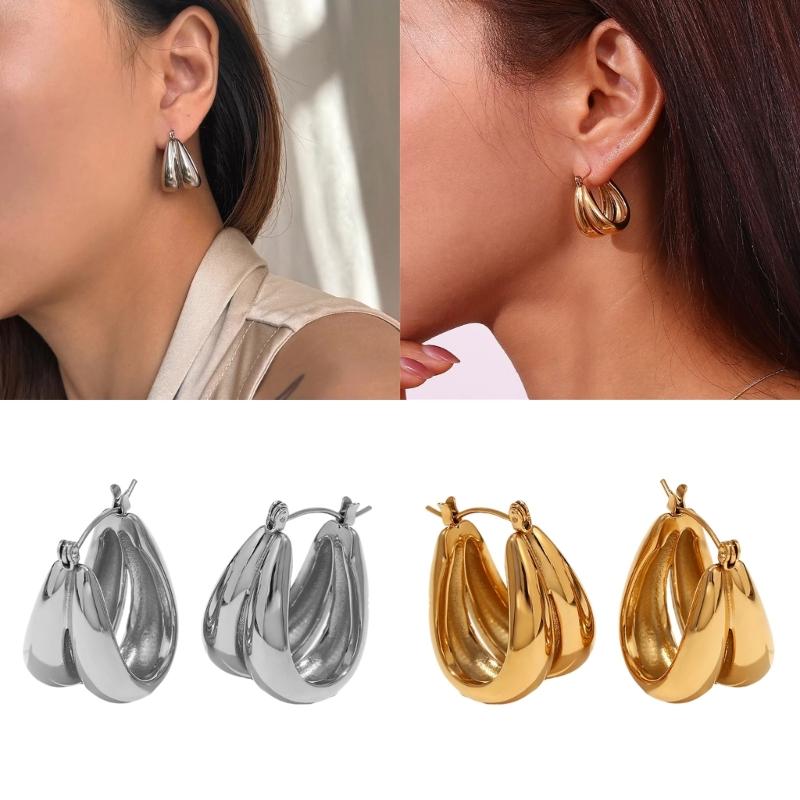 Elegant Double U Shaped Hoop Earrings for Women Waterproof Titaniums Steel Jewelry Gifts With 18K Gold Plating