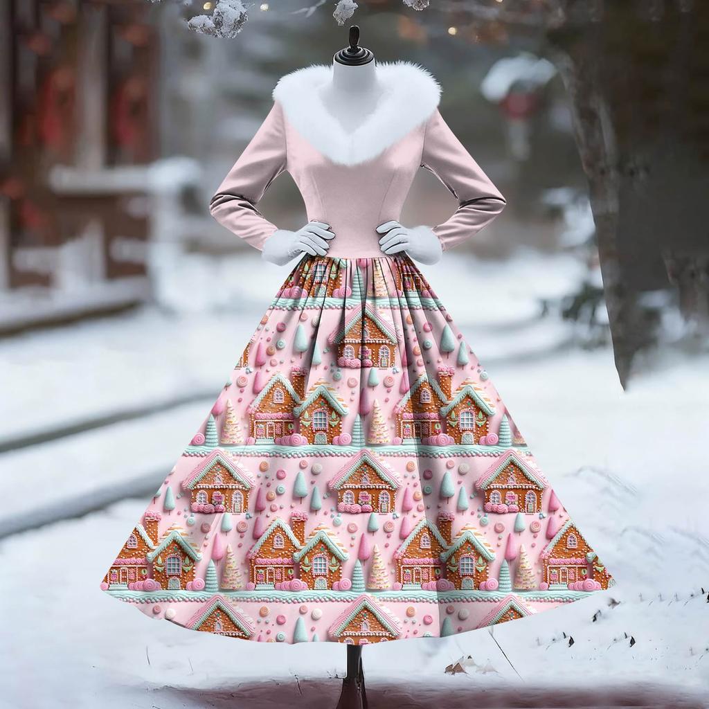 Women's Casual Dress Long-Sleeve V-Neck Patchwork Fleece Christmas Print Dress